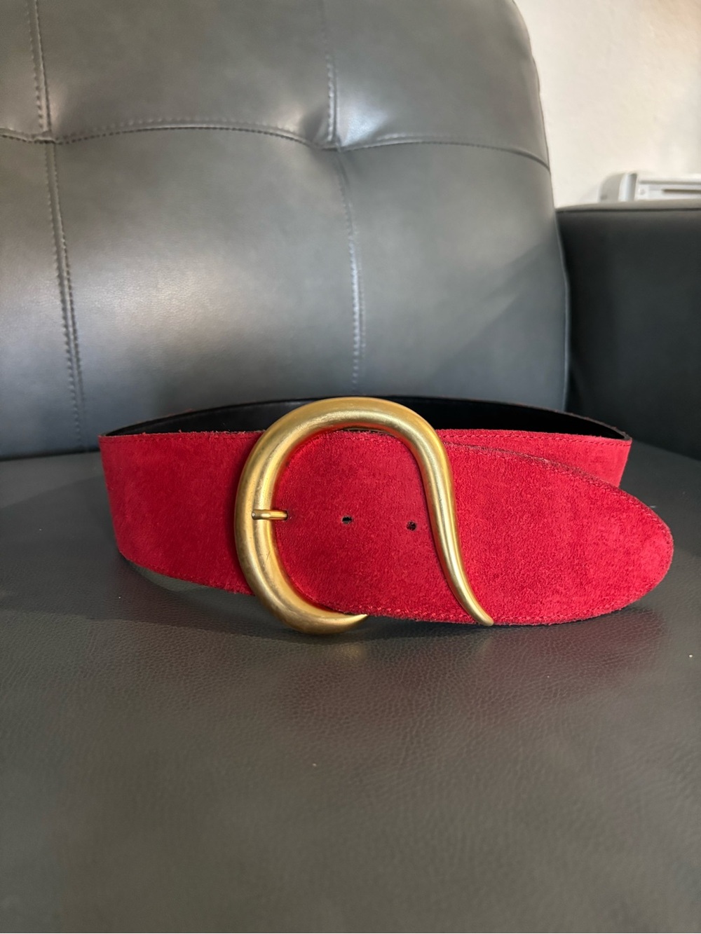 Vintage 80s Avignon Red Suede Belt with Sculptural Brass-tone Buckle